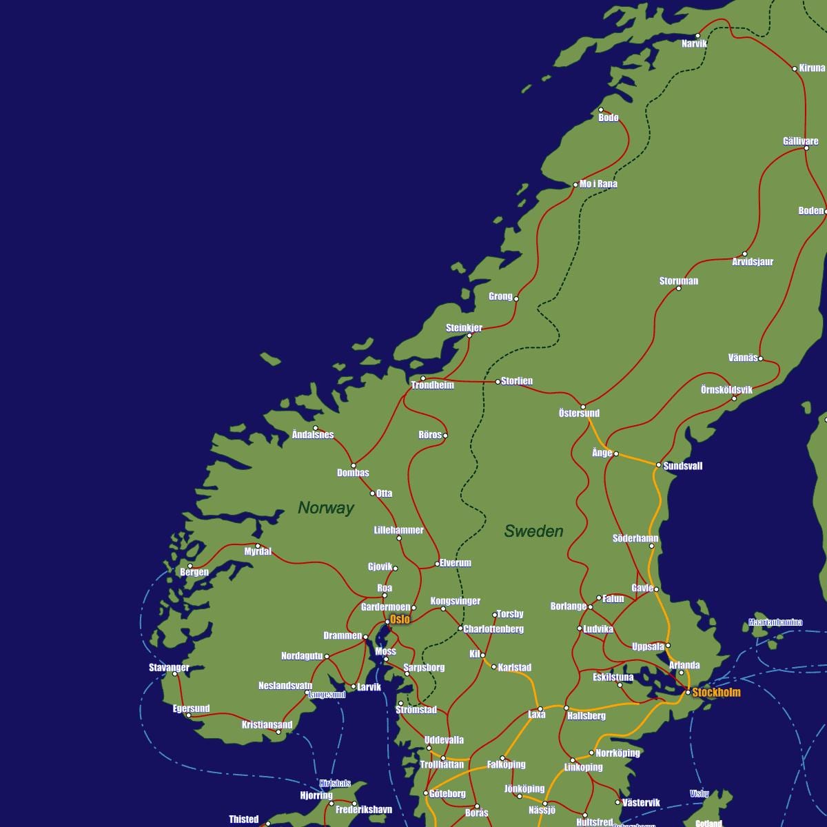 Kaart van Noorweë trein roetes