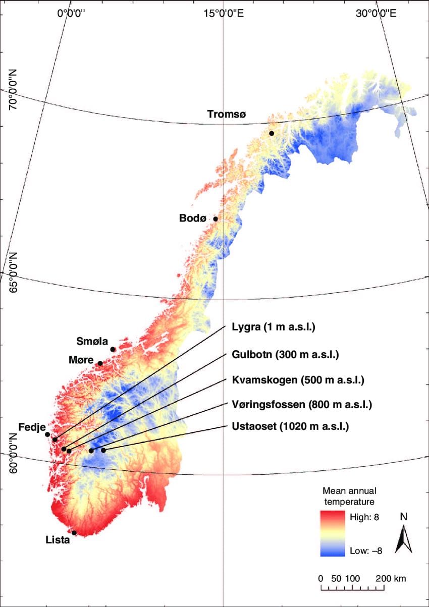 Noorweë temperatuur kaart