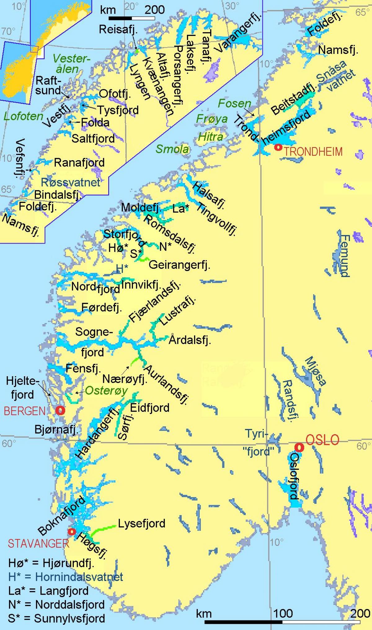 kaart van Noorweë wat fjords