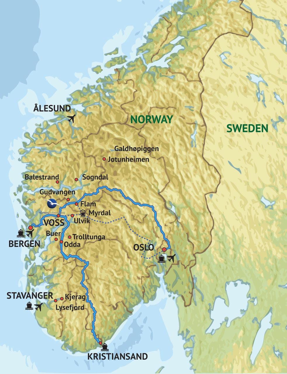 Kaart van suid-wes-Noorweë